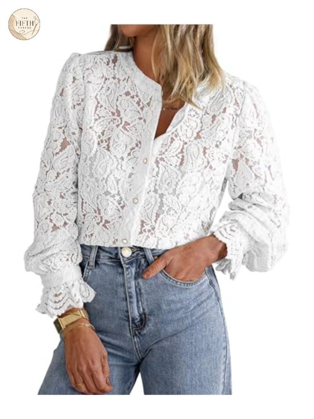 Women's Lace Long Sleeve Button Up Blouse Crewneck Casual Work Top